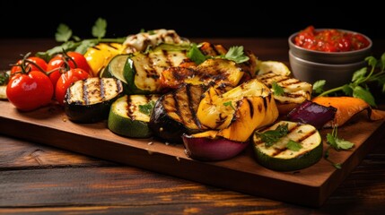  a wooden cutting board with grilled vegetables and a bowl of salsa on a dark wooden table with a black background.