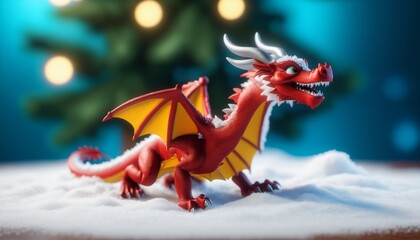 A red dragon figurine with yellow and white wings stands in fake snow in front of a Christmas tree with twinkle lights.