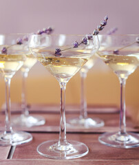 Glasses of champagne decorated with lavender