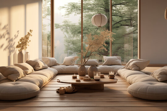 A serene meditation room with soft lighting and cushions, providing a tranquil space for mindfulness and inner peace cultivation. Concept of meditation sanctuary. Generative Ai.