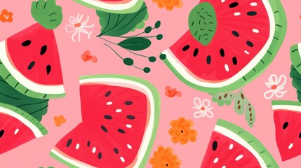  a pattern of watermelon slices with leaves and flowers on a pink background with white daisies and green leaves.