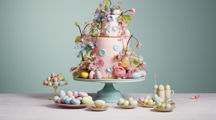 Obraz na płótnie Canvas a three tiered cake decorated with pastel flowers and pastel eggs on a cake platter surrounded by small candies.