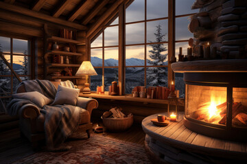 A cozy winter cabin with a crackling fireplace, inviting warmth and relaxation amid the snowy landscape. Concept of winter cabin comfort. Generative Ai.