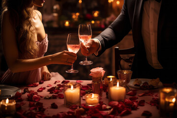 Romantic dinner. Served table with candles, roses and two wine g