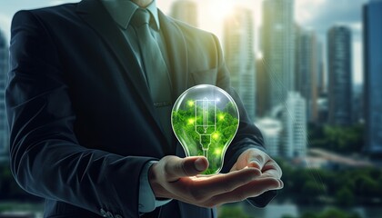 Human touching a advanced technology based on AI light with greenery city, eco-friendly city on a city background with hologram network light bulb screen icons for energy source renewable.