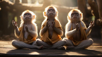 Varis monkeys doing yoga in monk clothing - obrazy, fototapety, plakaty