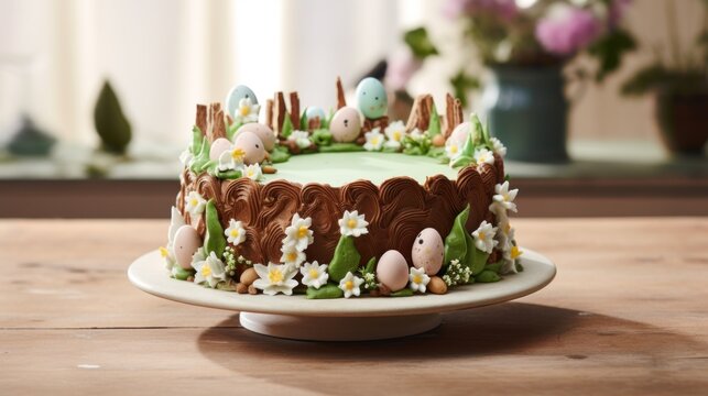  a cake sitting on top of a wooden table covered in green frosting and decorated with easter eggs and flowers.