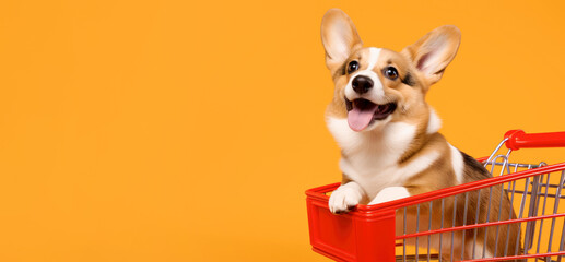 Cheerful corgi dog in a supermarket trolley on an orange background. Banner, copy space