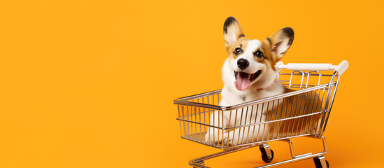 Cheerful corgi dog in a supermarket trolley on an orange background. Banner, copy space