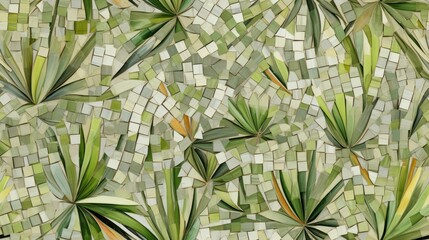  a painting of a pattern of leaves on a green and white mosaic tile wall with a black cat in the middle of the picture.