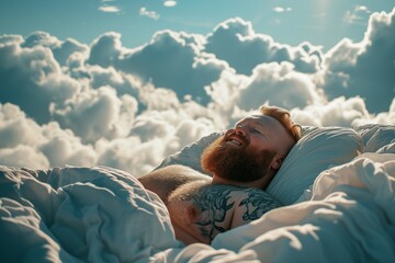 Chubby bodybuilder and ginger beard with a smile sleep on a bed with a soft white dazzling blanket