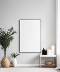 Frame mockup poster on white wall background. Elegant living room interior with large white poster. Stylish home decor. Template.