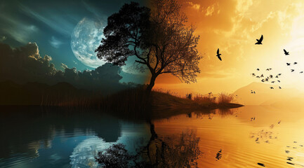 Spring equinox concept: Day and night converge as the sun and moon meet on a divided horizon - obrazy, fototapety, plakaty