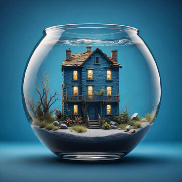 Glass bowl with a beautiful house inside, Real estate bubble, Housing, subprime mortgage crisis of home loans. Generative ai