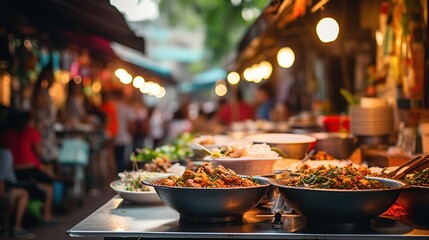 An enticing array of local street food displayed at a bustling market, with warm lights creating a cozy ambiance, inviting passersby to indulge in the culinary delights. - obrazy, fototapety, plakaty