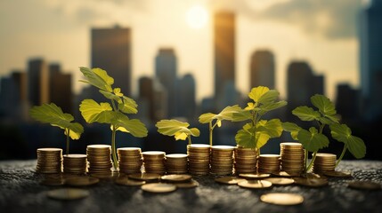 A creative visual metaphor for economic growth, featuring stacks of coins with young plants sprouting from the top, set against a city skyline bathed in the golden light of sunrise.
