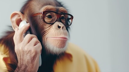 Anthropomorphic monkey with glasses communicates on the phone. Human characters through animals. Animal listening attentively to someone. Design of banner, brochure, advertisement. - obrazy, fototapety, plakaty