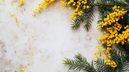 A flat lay of Mimosa branches and a handwritten Women's Day note, Women's day, Mimosa flower, blurred background, with copy space
