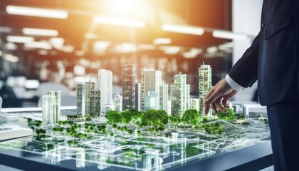 Human touching a advanced technology based on AI light with greenery city, eco-friendly city on a city background with hologram network light bulb screen icons for energy source renewable.