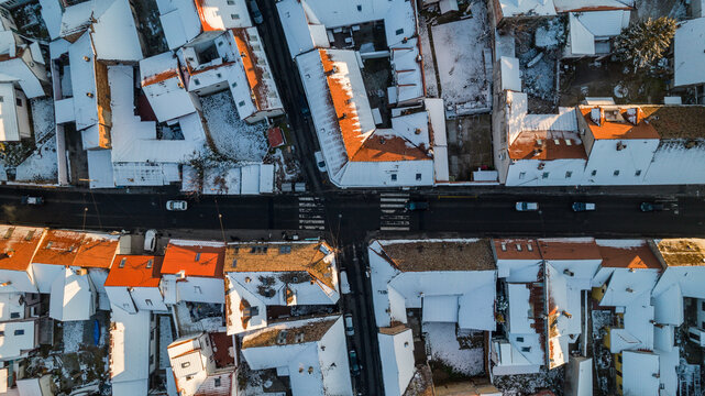 Sunset photo of Zemun rooftops from a drone