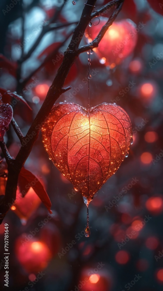 Poster heart shaped lantern hanging from tree branch generative ai