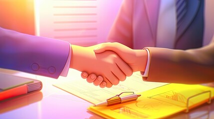 Confident handshake between people after a favorable business deal. The concept of successful negotiations, signing important documents (contract, certificate). Completion of a business transaction.