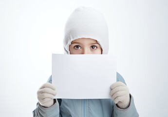 A young beautiful girl holds a blank paper card in front of her on a gray background. Can be used for advertising, marketing, promoting or presentation.