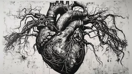 Fotobehang Lithography print of a human heart with elements of robots and elements of natural such as roots and tree branches, cutaway view, in the style of john darkow, black and white, hyperrealism, embroidery © Zahid