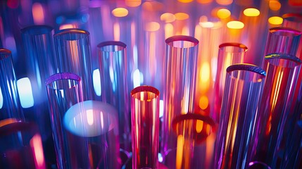 Translucent colored cylinders made of glass or plastic. Laboratory glassware in the form of test tubes. Scientific background. Illustration for banner, poster, cover, brochure or presentation.