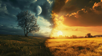 Concept of spring equinox. Day and night, sun and moon meeting together on the split landscape - obrazy, fototapety, plakaty