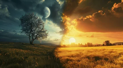 Foto op Canvas Concept of spring equinox. Day and night, sun and moon meeting together on the split landscape © Aliaksandra