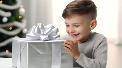 The boy smiles happily and holds a gift box with a ribbon bow. The joy of the gift. Illustration for cover, card, postcard, interior design, banner, poster, brochure or presentation.