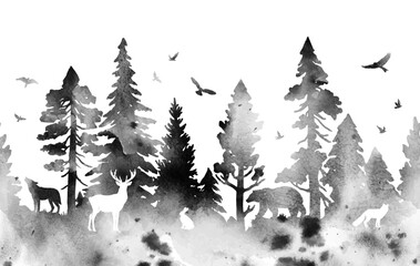 Seamless watercolor vector pattern with coniferous forest and animals. Silhouette of firs, pines, deer, hare, fox, wolf, bear and birds isolated on white background. Nature border pattern © GaliChe
