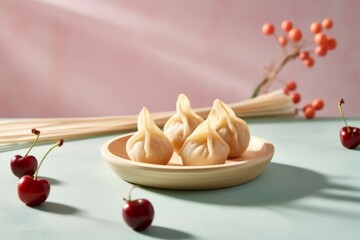 A stack of dumplings with cherries laid out on a pink plate located on a blue background. Fresh cherries accentuate the filling. Copy space banner Concept: traditional sweet dish made from dough.
