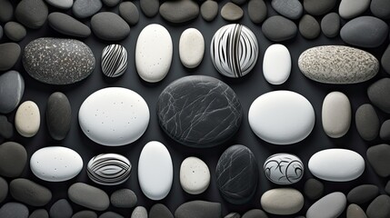 A backdrop of rounded stones. Top view. Abstract composition of cobblestones. Stones of different sizes on a flat base.
