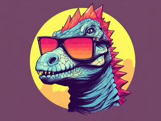 A toothy tyrannosaurus rex with glasses is painted. Close portrait of a stern T-Rex monster. Funny fashion prehistoric lizard. Digital art. Printable design for t-shirt, bag, postcard, case, etc.