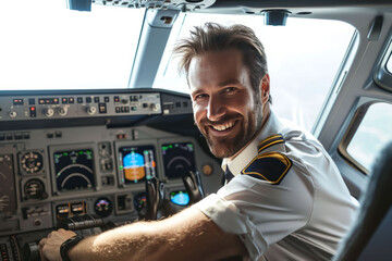 Portrait of a smiling male pilot in a cockpit of a passenger pla - obrazy, fototapety, plakaty