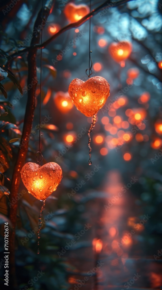 Aufkleber heart shaped lights hanging from a tree for valentines day background generative ai