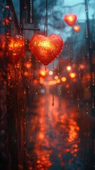 Heart Hanging From Rain Covered Window Valentines Day Background Generative AI