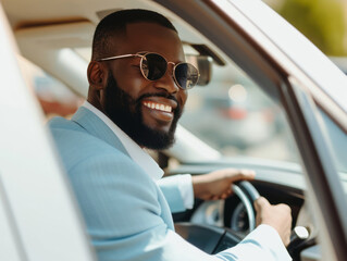 a happy stylish caucasian man in light blue suit is driving white car, Sale transport concept.