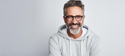 Confident mature man with beard smiling in casual hoodie. Modern casual style.