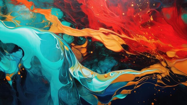 abstract ocean of fire and ice vivid red and cool blue fluid art forms with golden accents for creative backgrounds