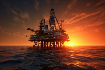 Fototapeta na wymiar Sunset oil rig over ocean. Generative AI