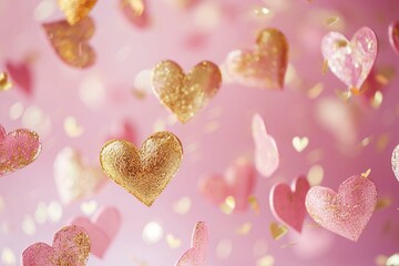 Floating Pink and Gold Hearts on a Soft Pink Backdrop for Love Themed Events and Valentine's Greetings