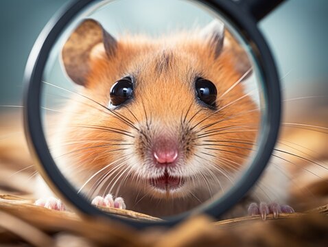 Close-up portrait of a hamster. A detailed image of the muzzle. Pet rodent looking at something. Illustration with a distorted fish-eye effect. Design of a banner, flyer, poster, cover or brochure.