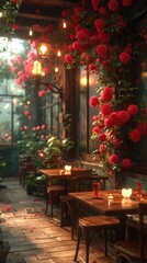 Fototapeta na wymiar Restaurant Decked in Flowers A Romantic Valentines Day Background With Generative AI