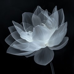 Minimalism and abstract flower illustration, black background, ballpoint pen on white, extremely close-up of fluorescent white water lily, white patter