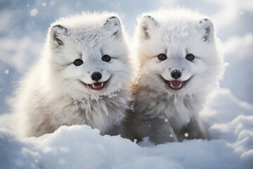 Close-Up of Arctic fox pups playing in the snow