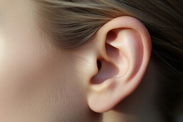 macro image of a female ear, concept of healthy hearing or ear jewelry - obrazy, fototapety, plakaty