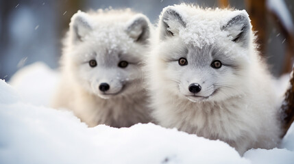 Naklejka premium Close-Up of Arctic fox pups playing in the snow